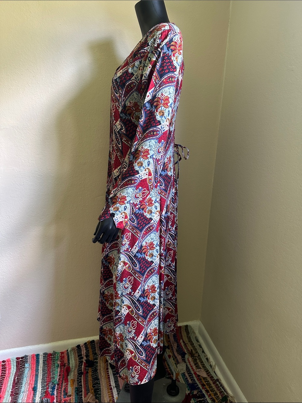Vintage Erika Burgundy Paisley Button-Front Lace-Up Back Long Sleeve Maxi Dress - Picture 7 of 16